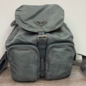 Prada Small Re-Nylon Backpack 1BZ811 | Greenish Gray | Saffiano Trim | Authentic